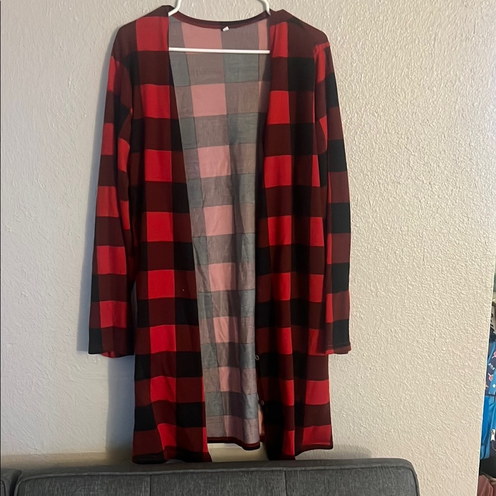 Red and Black Plaid Open Cardigan